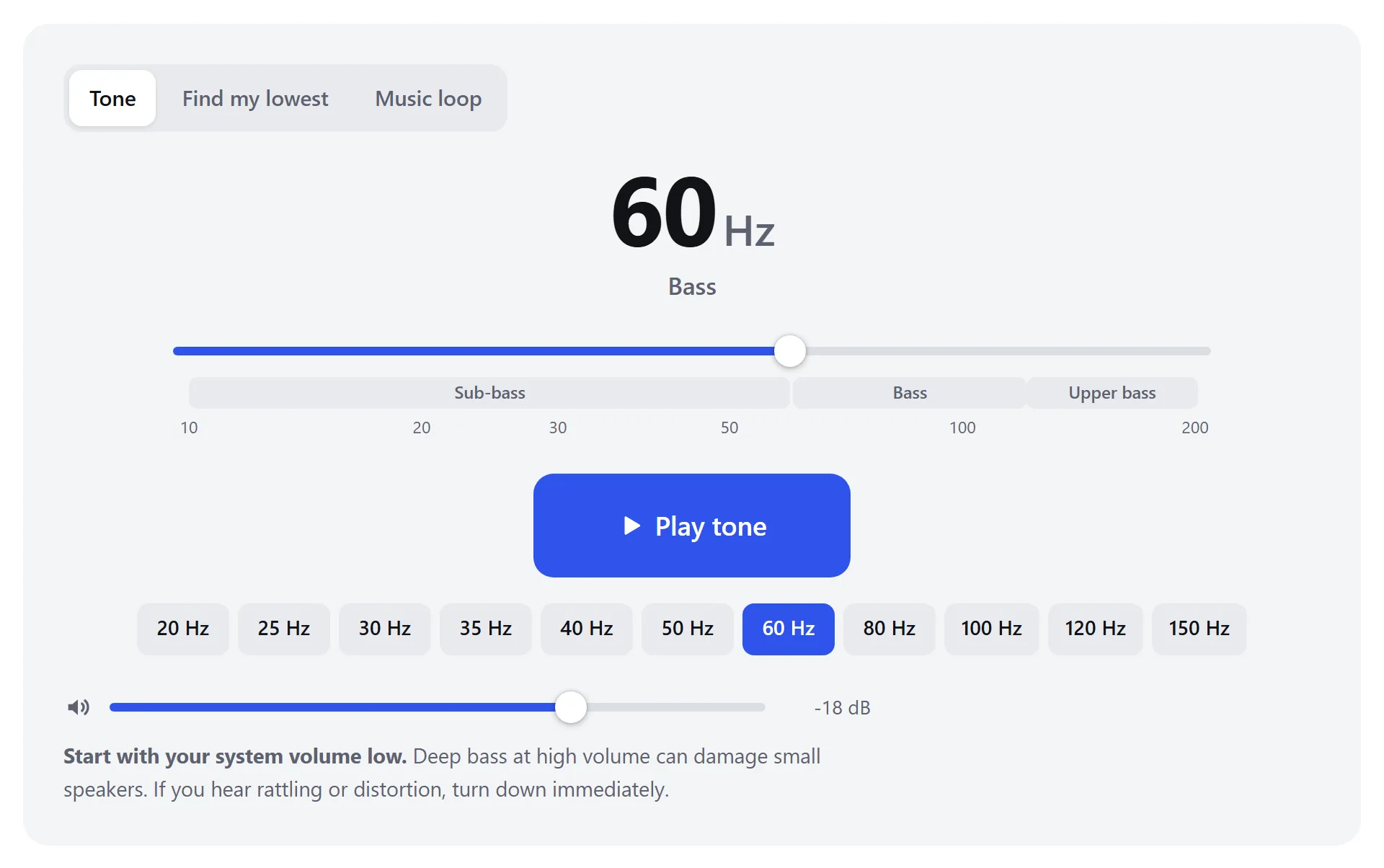 The bass test playing a 40 Hz tone, with the frequency readout, slider, play button, presets and volume labeled