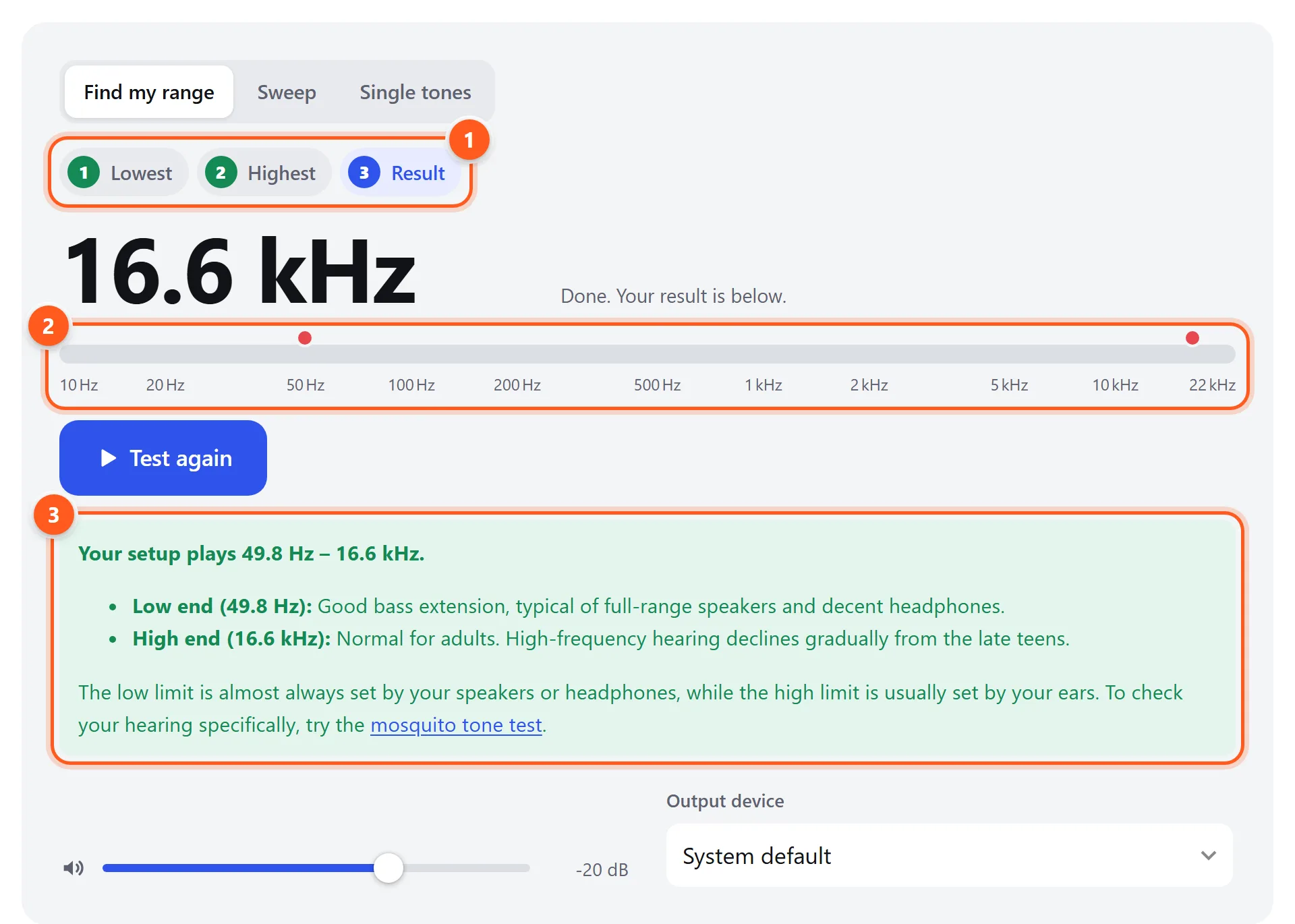 The frequency test after both sweeps, with the progress steps, the frequency bar with the two measured limits, and the result explanation labeled