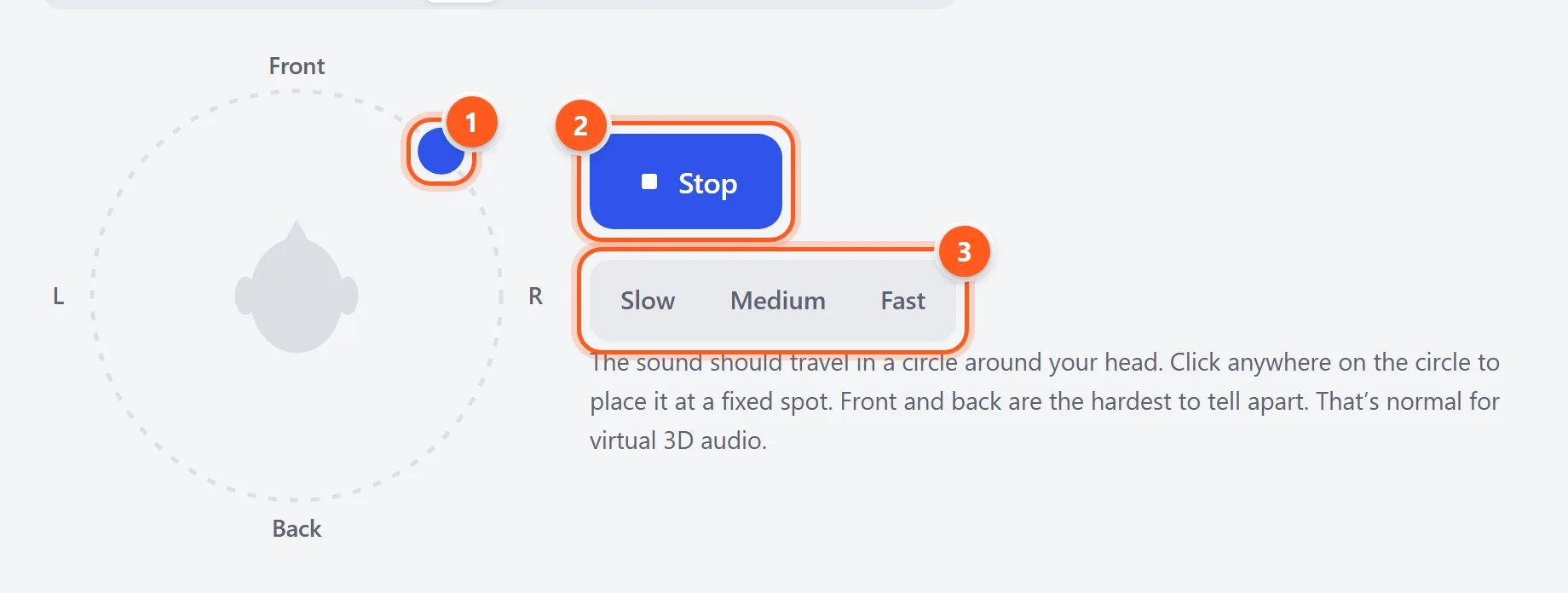 The 3D tab: a top-down view of a head with a blue dot showing where the sound is, next to the play button and speed control