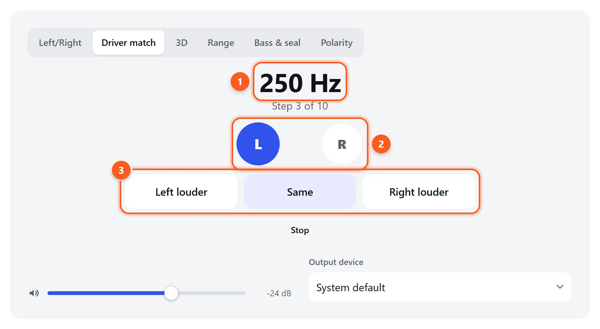 The driver match test in progress, showing the current frequency, the left and right ear indicators and the three answer buttons, labeled