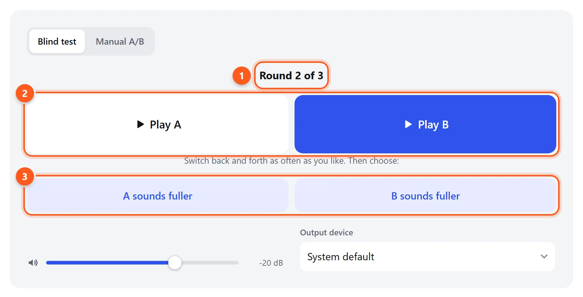 The blind polarity test during round 2, with the play A and play B buttons and the two answer buttons labeled