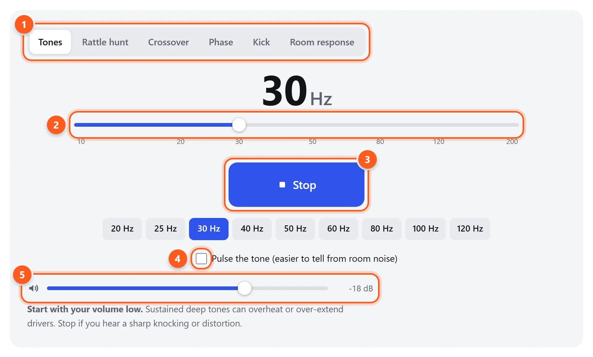 Subwoofer test showing the six test tabs, the 30 Hz tone readout, frequency slider, play button and presets